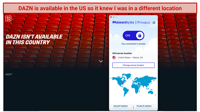 Screenshot showing DAZN blocked access screen using Malwarebytes Privacy VPN