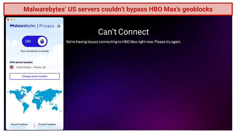 Screenshot showing HBO Max blocking access using Malwarebytes Privacy VPN