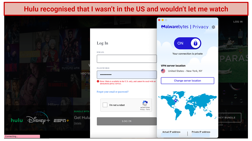 Screenshot showing Hulu blocking access using Malwarebytes Privacy's US server