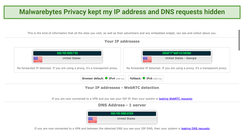 Screenshot showing leak test results for Malwarebytes Privacy VPN's US servers