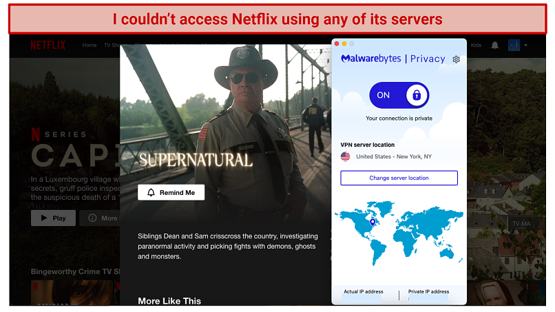 Screenshot showing Supernatural on Netflix's homescreen with Malwarebytes Privacy VPN