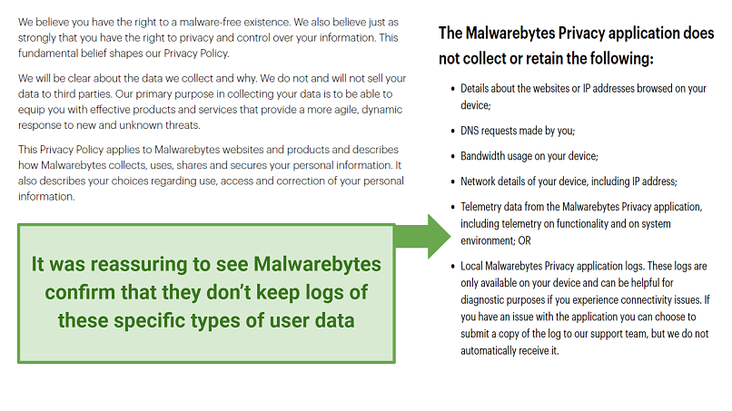 Graphic showing Malwarebytes Privacy VPN's privacy policy
