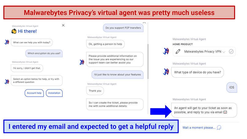 Screenshot showing Malwarebyte's Virtual Agent chat bot responses