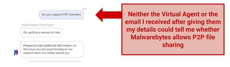 Screenshot of Malwarebytes Privacy VPN's unhelpful Virtual Agent