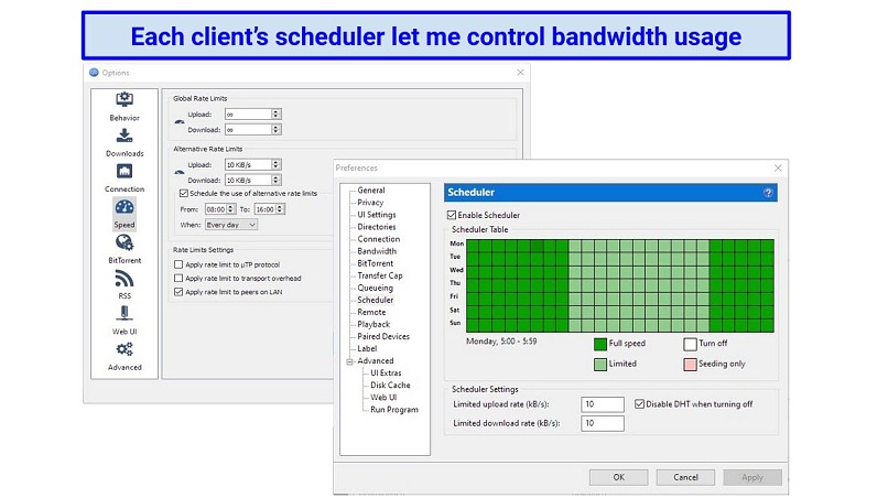 Screenshots showing the torrent scheduling options for qBittorrent and uTorrent