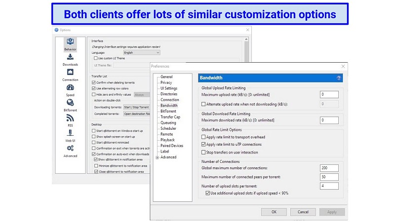 Screenshots of the settings menus for qBittorrent and uTorrent