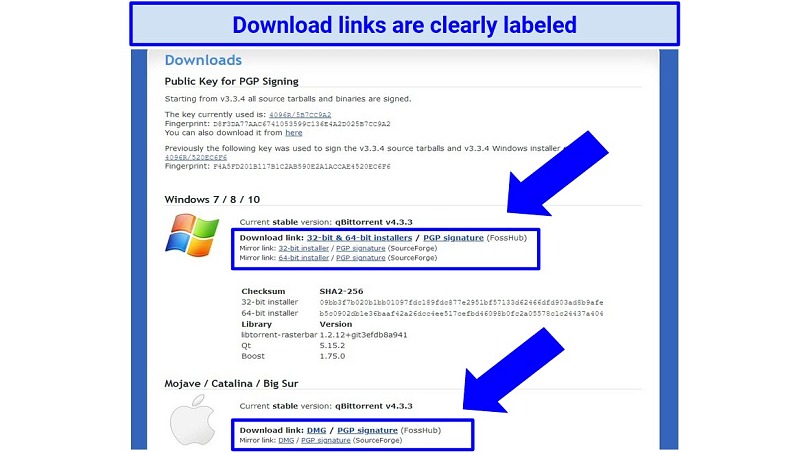 Screenshot highlighting download links on qBittorrent's download page