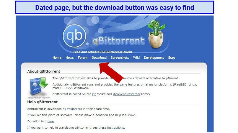 Screenshot showing the somewhat outdated appearance of qBittorent's homepage