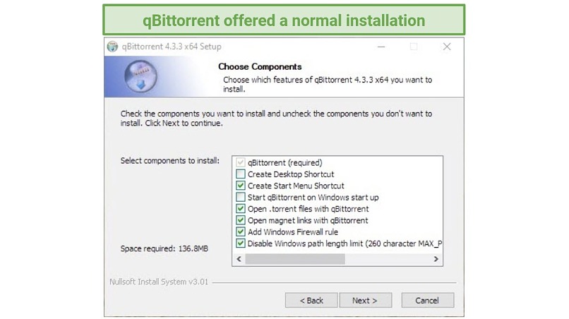 Screenshot showing the components selection section of the qBittorrent installation process