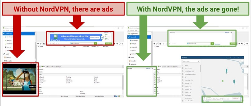 Screenshots showng how NordVPN blocked ads on uTorrent