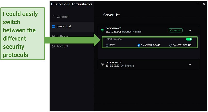 A snapshot showing all the security protocols tunnel offers for cloud servers