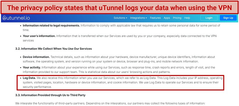 A snapshot of utunnel.io privacy policy stating that it collects log data.