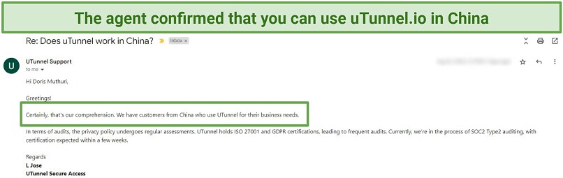 Screenshot of a conversation with utunnel.io support agent where they confirmed it works in China