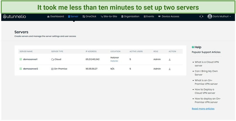 A snapshot showing 2 servers created on a utunnel.io demo account: an in-house server and a cloud server hosted on Hetzner