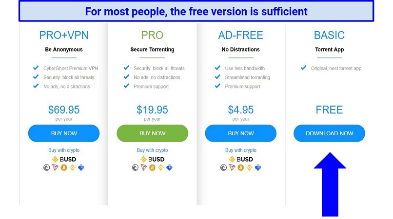 Screenshot showing uTorrent's free and paid subscription options