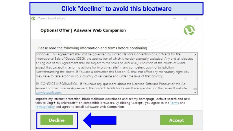 Screenshot showing Adaware Web Companion bloatware that uTorrent tries to include with installation