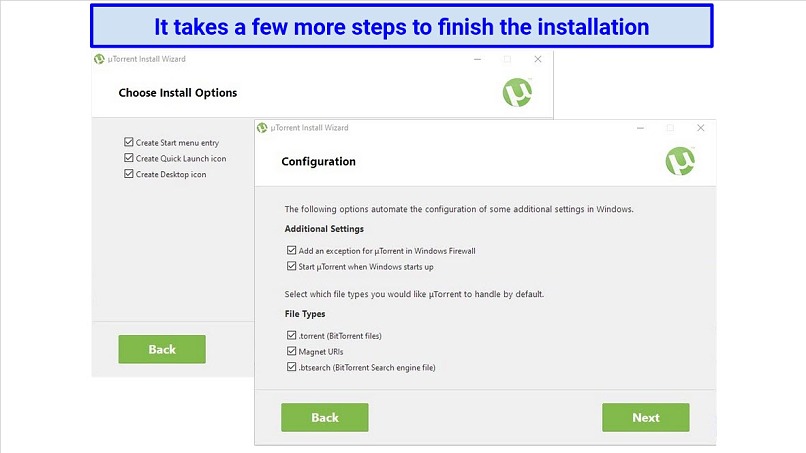 Screenshot showing the last two steps in the uTorrent installation process
