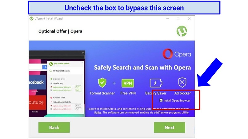 Screenshot showing how to avoid installing Opera browser during uTorrent installation