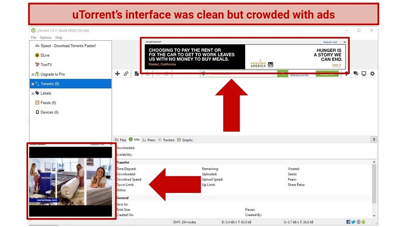 Screenshot highlighting the ads on uTorrent's interface