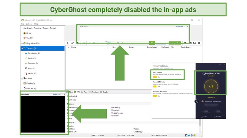 Screenshot demonstrating how CyberGhost blocked all ads on uTorrent's interface