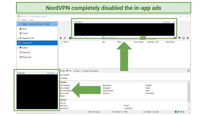 Screenshot demonstrating how NordVPN blocked all ads on uTorrent's interface