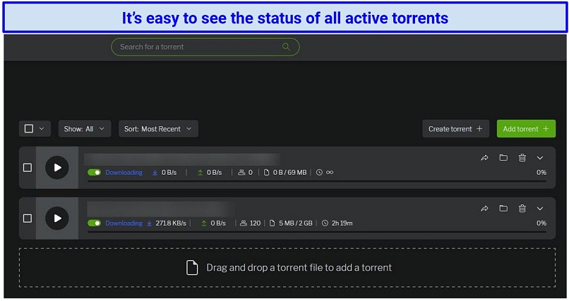 Screenshot showing active torrents on uTorrent Web