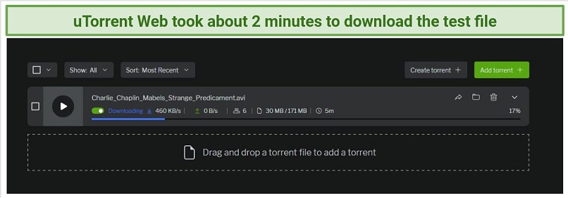 Screenshot showing the download progress of a torrent file on uTorrent Web