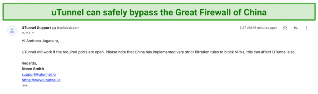 screenshot of uTunnelVPN's support answer regarding its performance in China