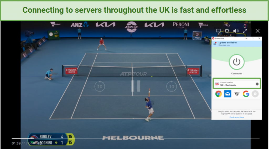 Image showing the ATP Cup being shown on Amazon Prime UK while ExpressVPN is connected to a server in the UK.