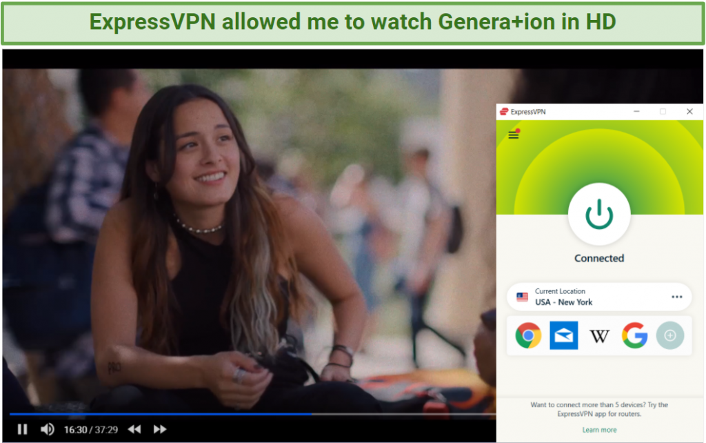 Screenshot showing HBO Max streaming Genera+ion after connecting to an ExpressVPN server in the US