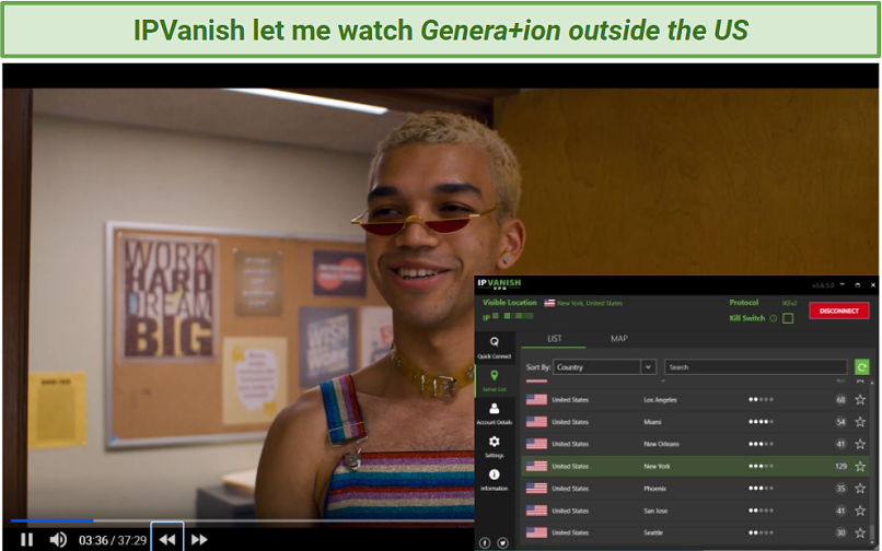Screenshot showing HBO Max streaming Genera+ion after connecting to an IPVanish server in the US