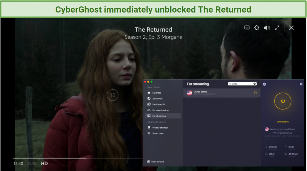 screenshot of Amazon Prime Video player streaming The Returned unblocked with CyberGhost