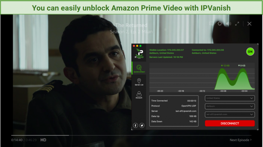 screenshot of The Returned show playing on Amazon Prime Video with IPVanish UI on the right