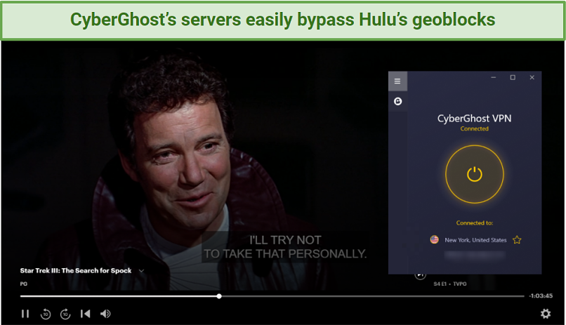 Screenshots showing Star Trek III: The Search for Spock playing while CyberGhost is connected to its New York servers.