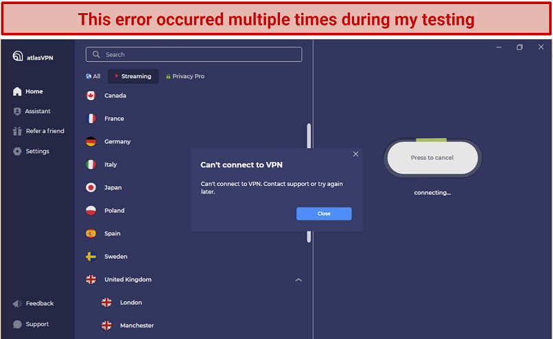 Screenshot of an error message on Atlas VPN's Windows app interface