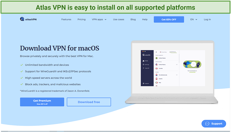 Screenshot of Atlas VPN's download page for Mac OS