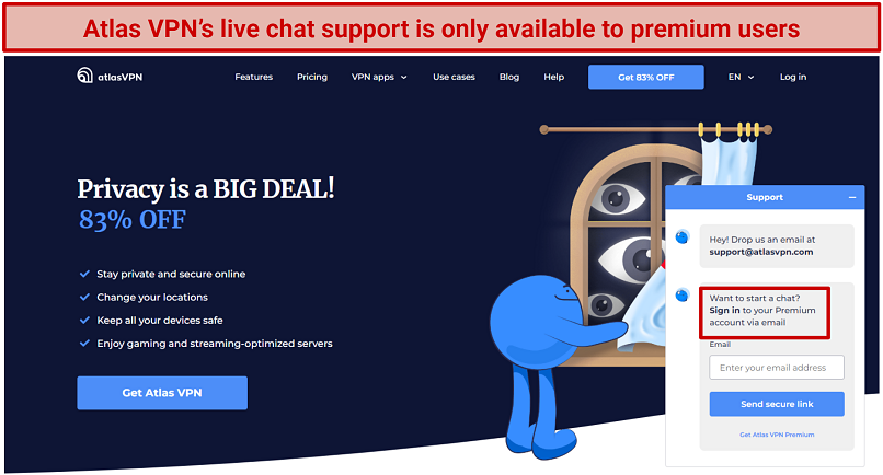 Screenshot of Atlas VPN's live chat support window