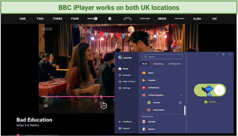 Screenshot of streaming Bad Education on BBC iPlayer while connected to Atlas VPN