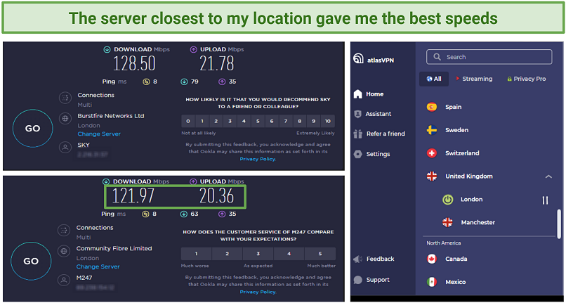 Screenshots of Ookla speed tests with and without Atlas VPN