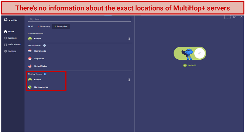 Screenshot of Atlas VPN's interface on Windows, showing its SafeSwap and MultiHop+ servers
