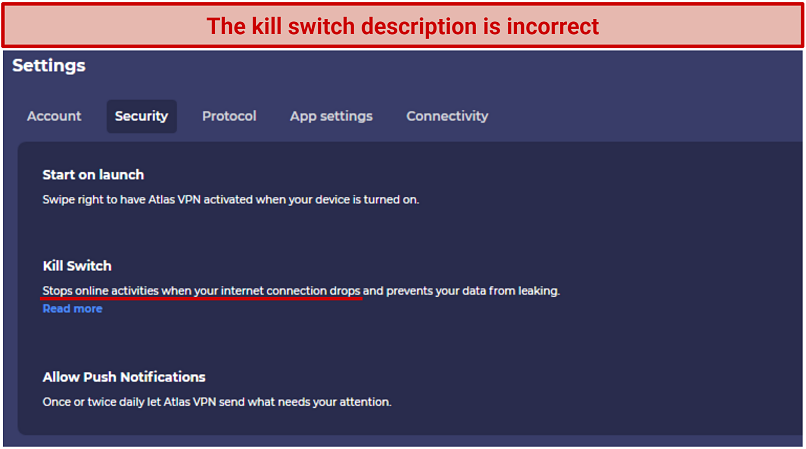 Screenshot of Atlas VPN's Windows app's security settings