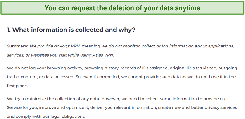 Screenshot of Atlas VPN's privacy policy