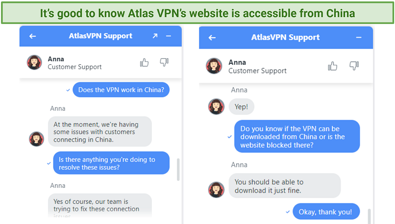 Screenshot of a chat with Atlas VPN's customer support regarding the VPN use in China