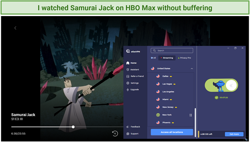 Screenshot of streaming Samurai Jack on HBO Max while connected to Atlas VPN's free servers