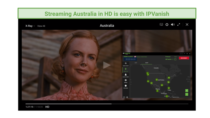 Graphic showing Australia streaming on Amazon Prime Video using IPVanish's US servers