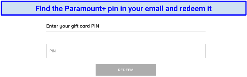 a screenshot of Paramount+ gift card PIN redeem page