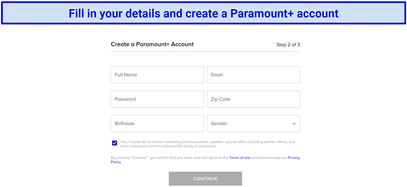 a screenshot of a Paramount+ account creation page