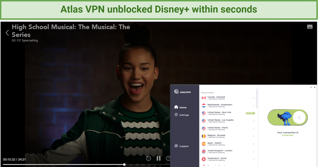 Screenshot showing Disney+ unblocked after connecting to an Atlas VPN server in the US