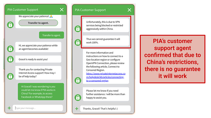 Screenshot of PIA's customer support saying they can't guarantee it will work in China