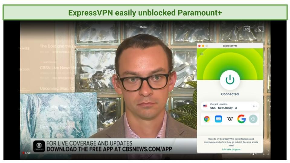 Screenshot of Paramount+ player streaming a live show with ExpressVPN
